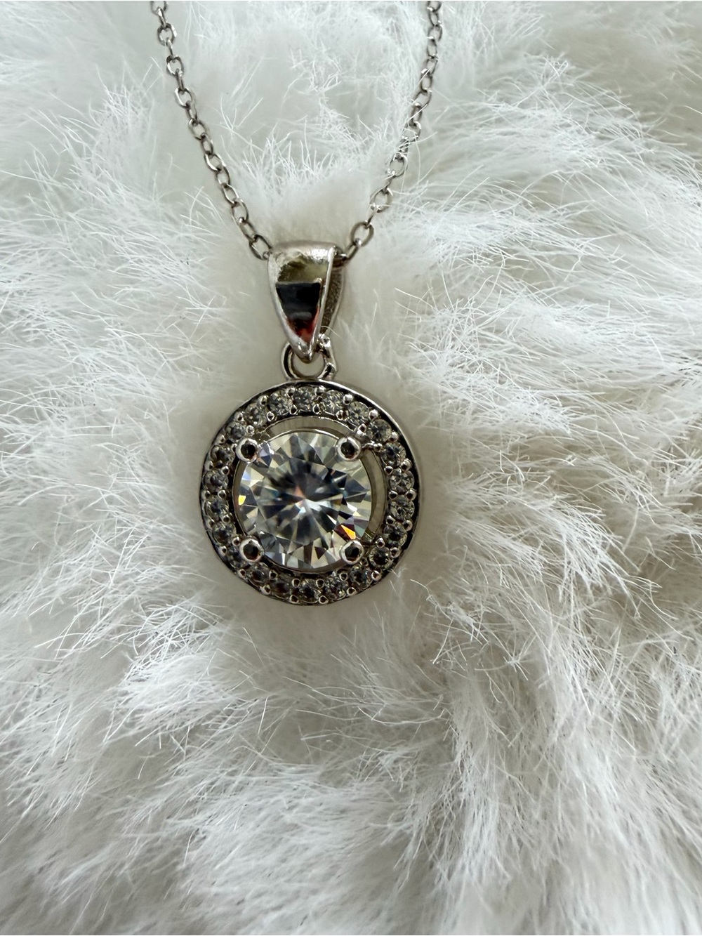 Silver Halo Pendant Necklace with Clear Center Stone